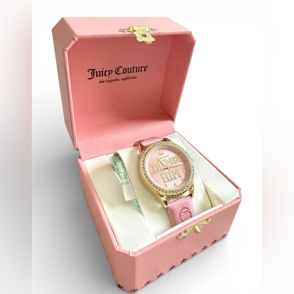 New! Juicy Couture "Dump Him" pink and gold wristwatch with a crystal bezel - Picture 3 of 6
